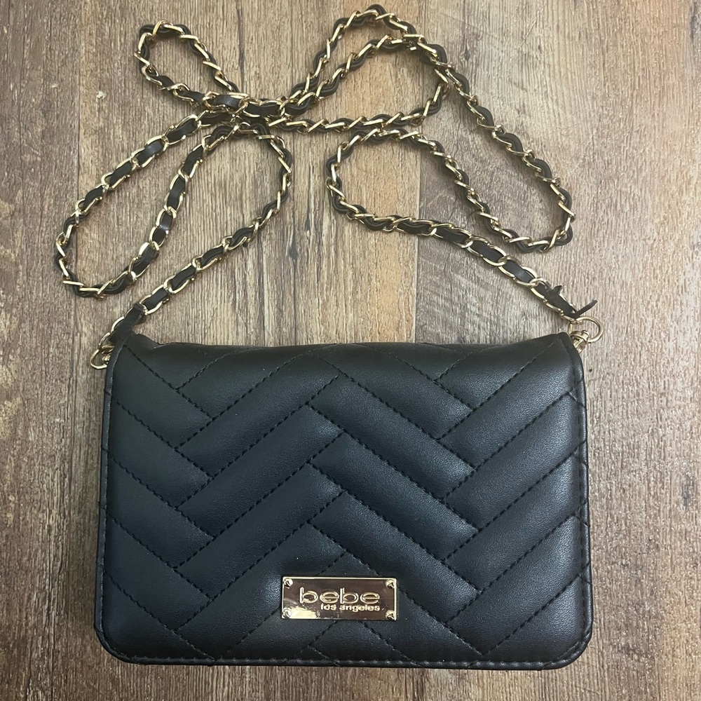 Bebe Black Chevron Crossbody Bag with Gold Chain
